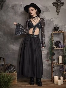 Goth 星月圖案前繫帶短款網紗上衣 - 黑色 - 查看 3