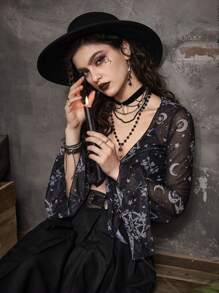 Goth 星月圖案前繫帶短款網紗上衣 - 黑色 - 查看 4