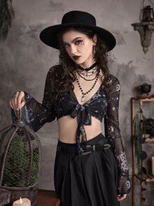 Goth 星月圖案前繫帶短款網紗上衣 - 黑色 - 查看 7