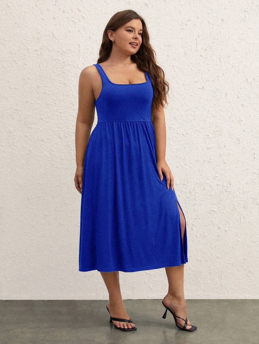 SHEIN BASICS Plus Solid Split Hem Dress - Royal Blue - View 1