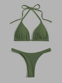 SHEIN Swim Summer Beach Solid Halter Triangle Bikini Set - Army Green - View 1