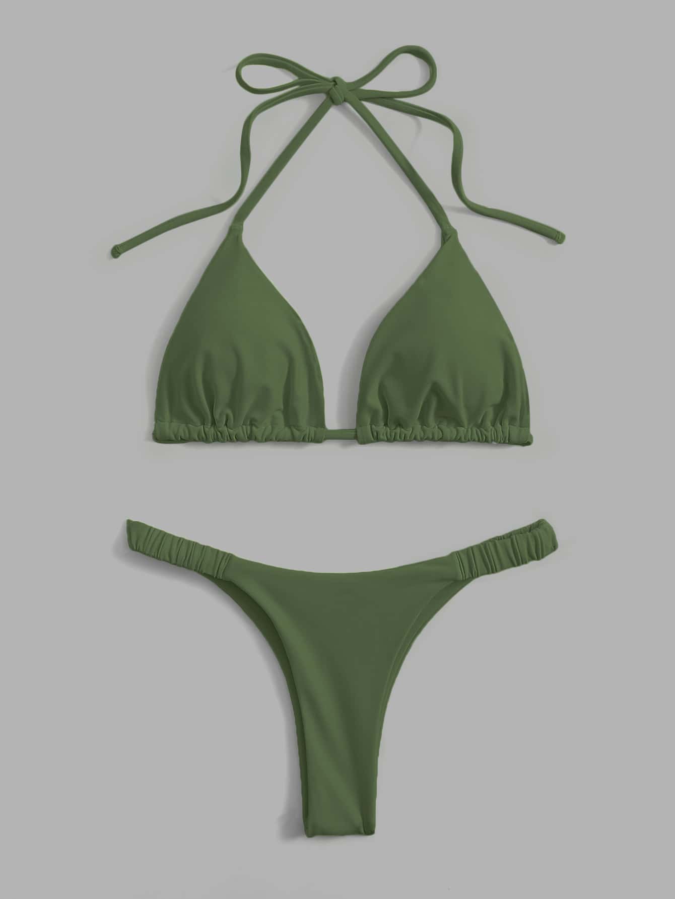 SHEIN Swim Summer Beach Solid Halter Triangle Bikini Set - Army Green - View 1