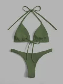 SHEIN Swim Summer Beach Solid Halter Triangle Bikini Set - Army Green - View 2