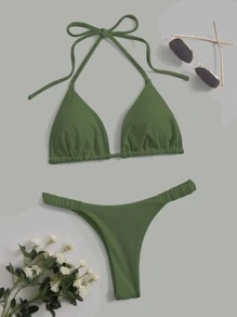 SHEIN Swim Summer Beach Solid Halter Triangle Bikini Set - Army Green - View 3