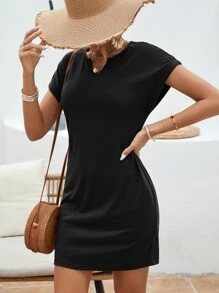 EMERY ROSE 缺口領蝙蝠袖連衣裙 - 黑色 - 查看 5