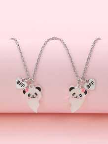 2入組/套可愛熊貓設計心形墜飾項鍊適用於女孩日常裝飾 - 彩色 - 查看 2
