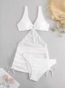 Swim Vcay Summer Beach Ring Linked Cut Out Drawstring Side Bikini Set With Beach Skirt - White - View 3