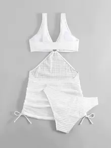 Swim Vcay Summer Beach Ring Linked Cut Out Drawstring Side Bikini Set With Beach Skirt - White - View 4