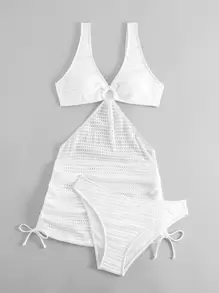Swim Vcay Summer Beach Ring Linked Cut Out Drawstring Side Bikini Set With Beach Skirt - White - View 5