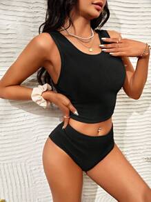 SHEIN Swim Summer Beach Plain High Waisted Bikini Set - Black - View 5