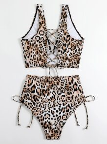 Swim SXY Conjunto de bikini con estampado de leopardo, cintura alta y cordones, para playa de verano - Multicolor - Ver 3