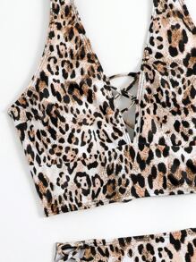 Swim SXY Conjunto de bikini con estampado de leopardo, cintura alta y cordones, para playa de verano - Multicolor - Ver 6