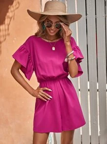 SHEIN LUNE Áo liền quần nữ Xù màu trơn Giải trí - Màu Hồng Tươi - Xem 3