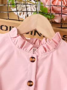 Tween Girl Frill Neck Ruffle Trim Belted Dress - Pink - View 3