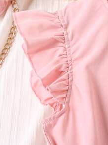 Tween Girl Frill Neck Ruffle Trim Belted Dress - Pink - View 4