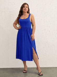 SHEIN BASICS Plus Solid Split Hem Dress - Royal Blue - View 3