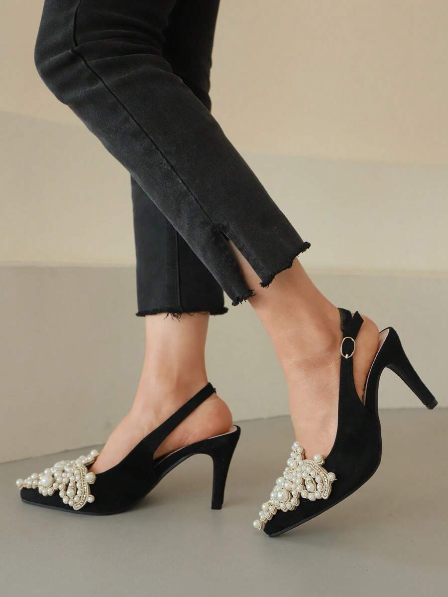 Women Faux Pearl Decor Slingbacks, Faux Suede Point Toe Elegant Pumps - Black - View 1