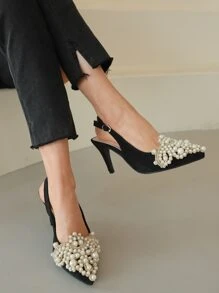 Women Faux Pearl Decor Slingbacks, Faux Suede Point Toe Elegant Pumps - Black - View 2