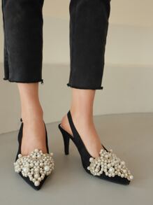Women Faux Pearl Decor Slingbacks, Faux Suede Point Toe Elegant Pumps - Black - View 3