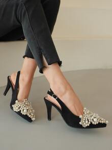 Women Faux Pearl Decor Slingbacks, Faux Suede Point Toe Elegant Pumps - Black - View 5