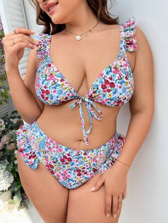 SHEIN Swim Curve 大尺寸花卉印花荷葉邊綁帶前扣比基尼套裝，夏日海灘必備