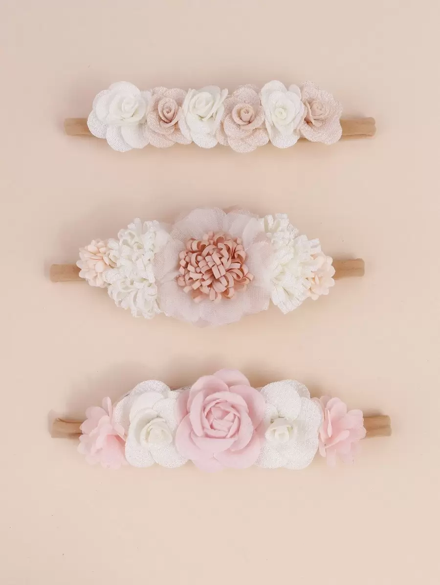 3 件装婴儿花朵装饰发带 爱情情人节 - 米色 - 查看 1