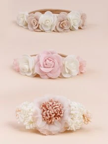 3 件装婴儿花朵装饰发带 爱情情人节 - 米色 - 查看 2
