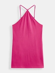 SHEIN BASICS Plus Solid Halter Neck Slip Dress - Hot Pink - View 6
