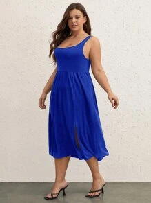 SHEIN BASICS Plus Solid Split Hem Dress - Royal Blue - View 5