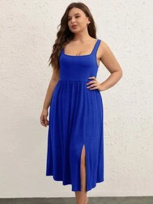 SHEIN BASICS Plus Solid Split Hem Dress - Royal Blue - View 7
