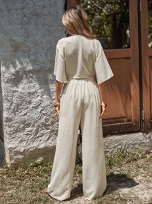 SHEIN LUNE Bộ đồ hai mảnh nữ xoắn lại màu trơn Thanh lịch - Màu be - Xem 2