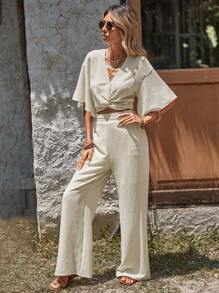 SHEIN LUNE Bộ đồ hai mảnh nữ xoắn lại màu trơn Thanh lịch - Màu be - Xem 5