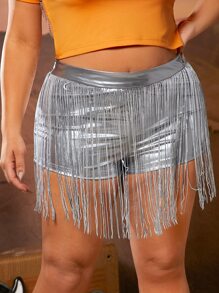 SHEIN Plus Fringe Trim Metallic Shorts - Silver - View 8