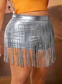 SHEIN Plus Fringe Trim Metallic Shorts - Silver - View 5
