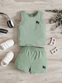 SHEIN Leap Crew Baby Boy Letter Graphic Tank Top & Shorts - Mint Green - View 1