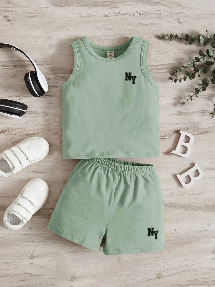 SHEIN Leap Crew Baby Boy Letter Graphic Tank Top & Shorts - Mint Green - View 1