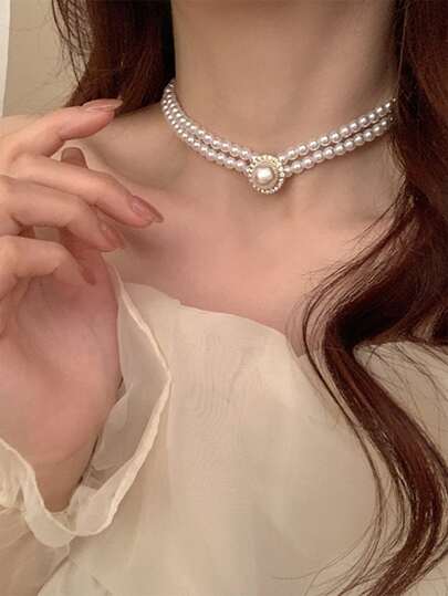 1pc Elegant Rhinestone Decor Layered Faux Pearl Beaded Necklace For Women For Party