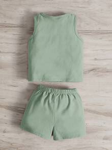 SHEIN Leap Crew Baby Boy Letter Graphic Tank Top & Shorts - Mint Green - View 2