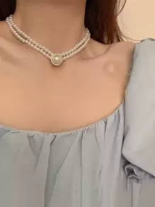 1 Peça Elegante Colar De Contas Falsas De Pérola Camadas Com Decoração De Strass Para Mulheres Para Festa - Multicolorido - Ver 3