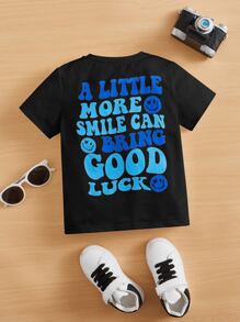 SHEIN Young Boy Slogan & Cartoon Face Printed Comfortable Casual Short Sleeve T-Shirt - Black - View 1