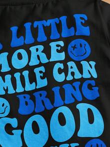 SHEIN Young Boy Slogan & Cartoon Face Printed Comfortable Casual Short Sleeve T-Shirt - Black - View 3