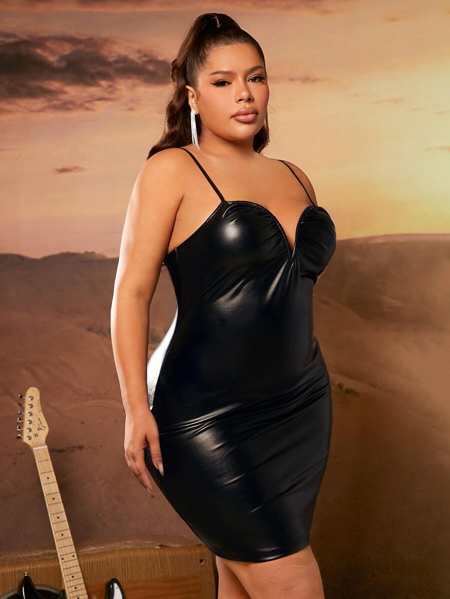 SHEIN SXY 大碼褶邊緊身上衣PU皮革吊帶緊身洋裝