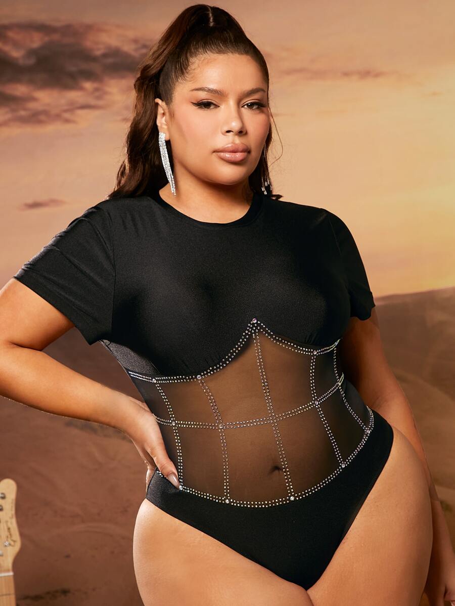 SHEIN SXY 大碼水鑽細節網紗拼接拼接露肩連體衣 - 黑色 - 查看 1