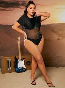 SHEIN SXY 大碼水鑽細節網紗拼接拼接露肩連體衣 - 黑色 - 查看 3