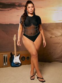 SHEIN SXY 大碼水鑽細節網紗拼接拼接露肩連體衣 - 黑色 - 查看 5