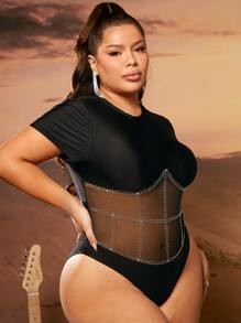 SHEIN SXY 大碼水鑽細節網紗拼接拼接露肩連體衣 - 黑色 - 查看 4