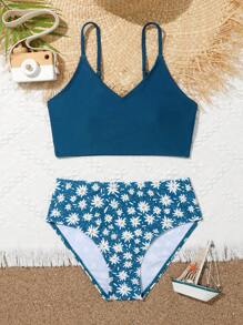 Tween Girl Floral Print Bikini Set Summer Beach - Blue - View 1