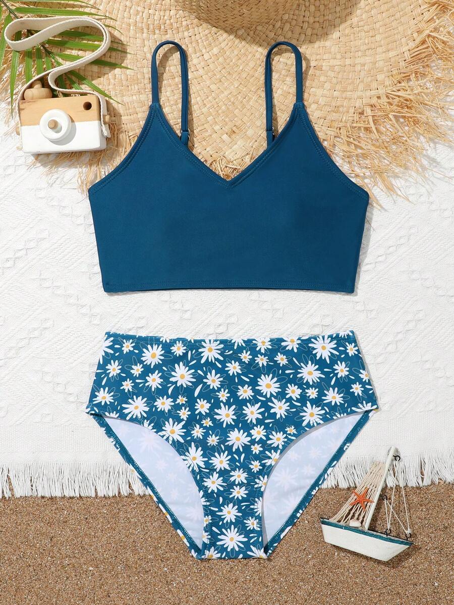Tween Girl Floral Print Bikini Set Summer Beach - Blue - View 1