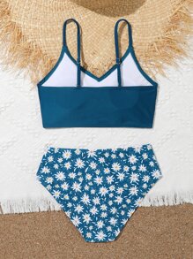 Tween Girl Floral Print Bikini Set Summer Beach - Blue - View 2
