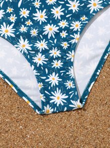 Tween Girl Floral Print Bikini Set Summer Beach - Blue - View 3